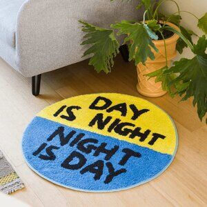 David Shrigley Day Is Night Shaggy Floor Mat Rug Round Blue Yellow